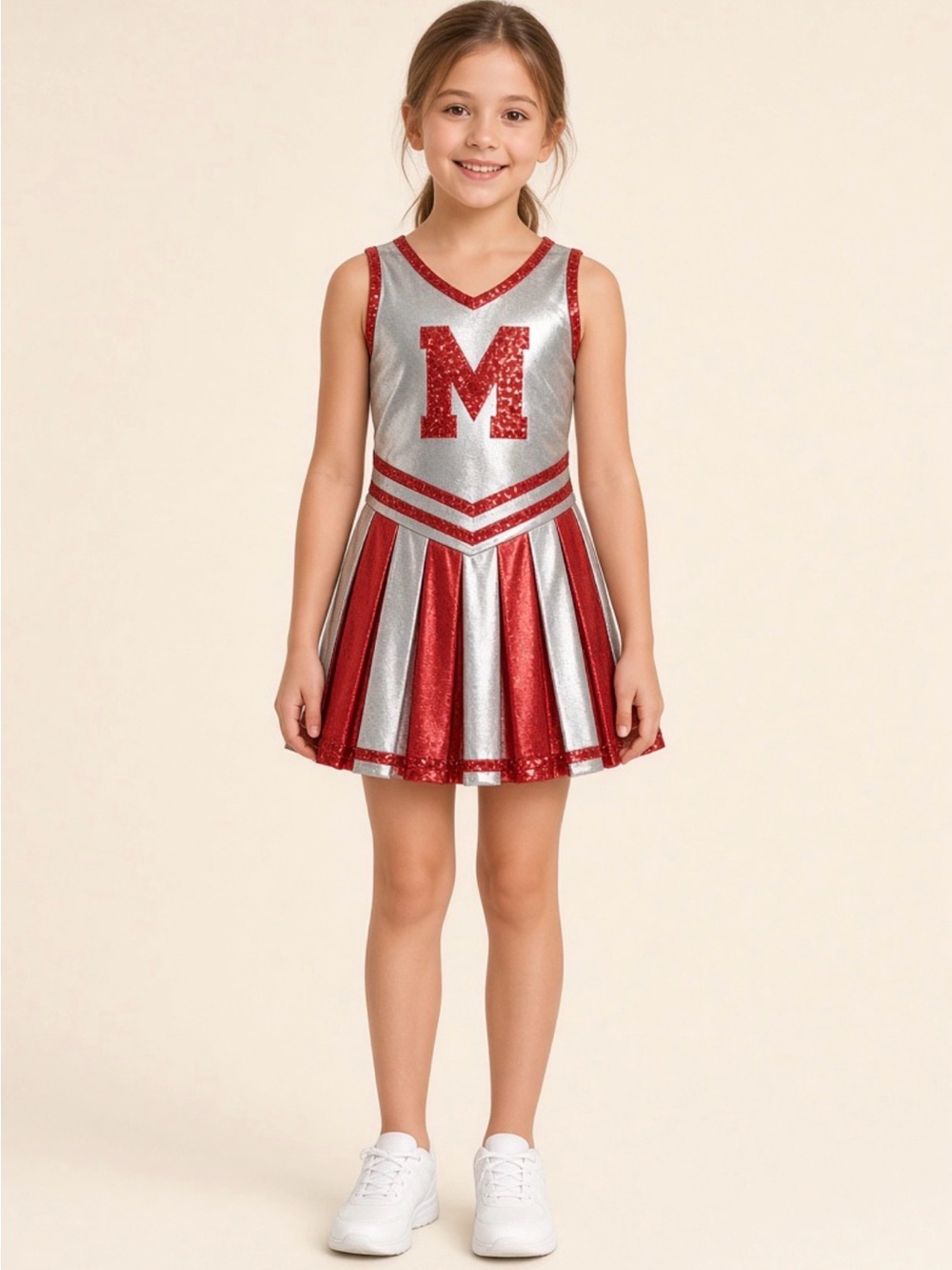 Title Girls 8-10 Red Silver Sparkle Cheer Dress Costume Letter M